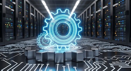 Glowing gears on circuit board in server room technology