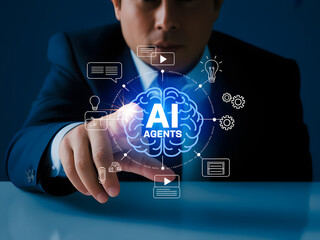 AI agents concept with a man touching a digital interface showcasing artificial intelligence and automation for business and technology applications