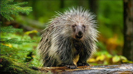 Wild porcupine standing on mossy log in lush forest, close up wildlife photography in natural habitat