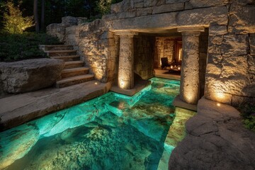 Ancient Stone Water Feature in a Luxurious Garden.