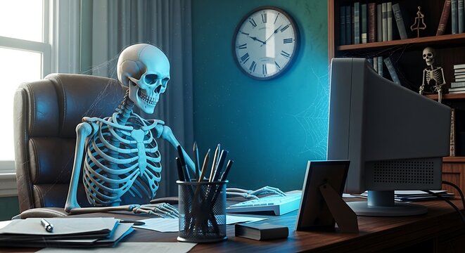 A skeleton sits at a desk, illuminated by a computer screen, symbolizing the endless wait or the drudgery of office work, a humorous yet poignant image