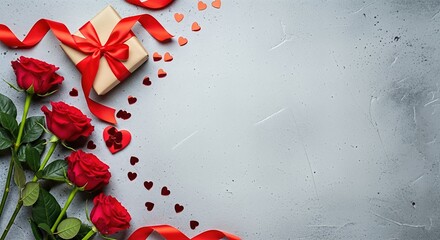 Red roses arranged elegantly beside a beautifully wrapped gift adorned with a ribbon, surrounded by heart-shaped confetti, creating a romantic Valentine's Day atmosphere with copy space