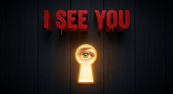 Eye Peeking Through Keyhole with Red I See You Text on Dark Wood - Powered by Adobe