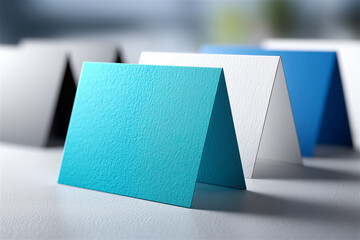 Minimalist set of colorful blank business cards standing on a clean surface, representing branding, identity design, professional communication and modern creative marketing.