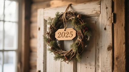 Rustic wreath welcomes happy new year 2025 on a weathered door, holiday charm