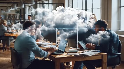 Collaborative workspace with professionals engaged in digital tasks amidst a creative cloud atmosphere - Powered by Adobe