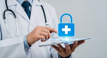 Doctor holding tablet with medical security icon stethoscope