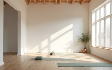 empty, modern yoga room with pilates flooring and mats, featuring a large window and a spacious interior, creating a serene and inviting atmosphere for relaxation and exercise. High quality