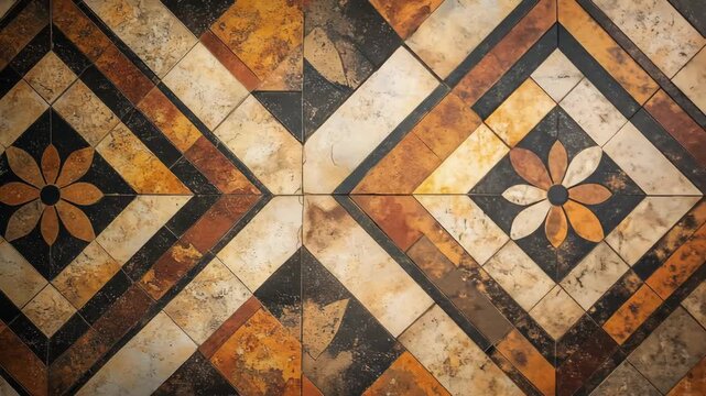 Geometric pattern of tiles with a floral design and contrasting colors