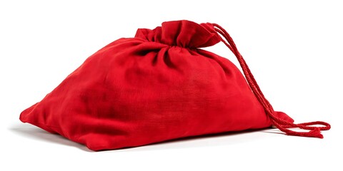 A vibrant red drawstring bag sitting on a white surface with a soft shadow underneath it shown clearly