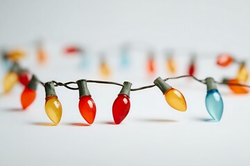 A close up of a string of colorful christmas lights on a white background in a horizontal shot