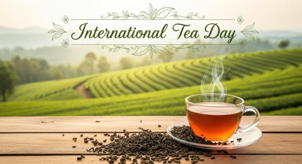 Steaming cup of tea on a wooden table overlooking lush green tea plantations, celebrating International Tea Day