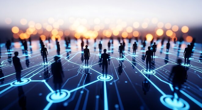 Connected network of people with glowing nodes, representing social connections, digital communication, and the interconnectedness of the modern world - Powered by Adobe