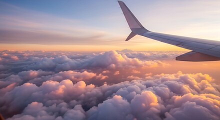 Obraz premium Airplane wing soaring above a sea of fluffy clouds at sunset, capturing the beauty and serenity of flight with warm colors and soft textures
