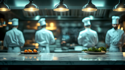 Busy Restaurant Kitchen Ambiance. A defocused view of a professional kitchen, showcasing chefs diligently preparing meals. The warm bokeh lighting evokes the energetic flow and dedicated craft