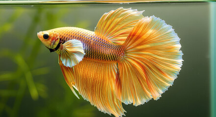 Captivating Golden Betta Fish with Exquisite Fin Display in Aquatic Environment: A Symphony of Colors and Graceful Movement