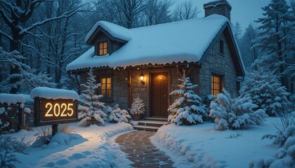 Dreamy snow covered cottage glows with warmth, welcoming 2025 with holiday cheer