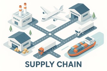 Fototapeta premium Supply chain illustration showing factory, warehouse, transportation, and delivery