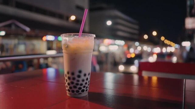 Boba Milk Tea on a Red Table at Night in the City Street
