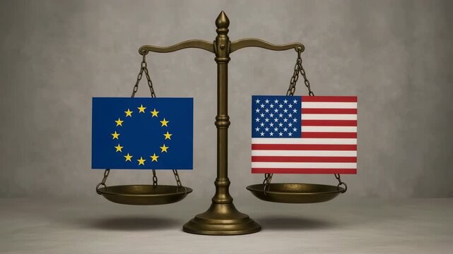 Balance scale with EU and US flags concept - Powered by Adobe