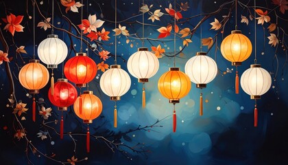 Hanging lanterns glow amidst autumn leaves, blue backdrop