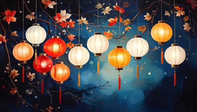 Hanging lanterns glow amidst autumn leaves, blue backdrop