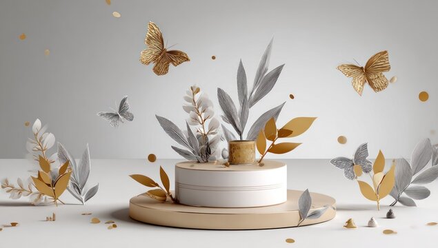 Pastel scene gold & silver leaves and butterflies on a pedestal with muted colors