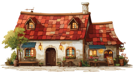 Fototapeta premium Quaint Tavern with Red Tile Roof and Glowing Windows Vector Image