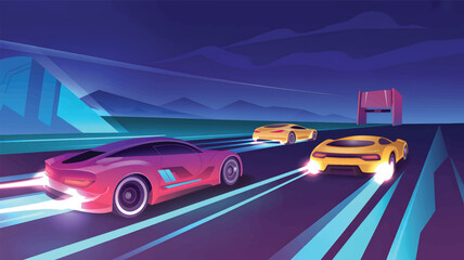Three sports cars racing on a neon road at night vector