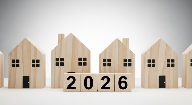 Wooden house models with '2026' blocks, representing future real estate market trends.