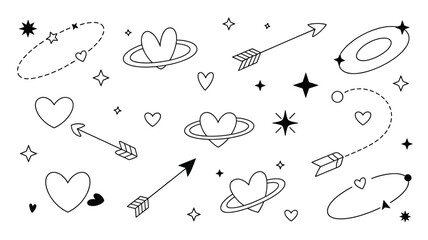 Hand drawn doodle hearts planets stars and arrows illustration for love theme design element