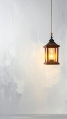 Lantern hangs, light on. Textured wall backdrop