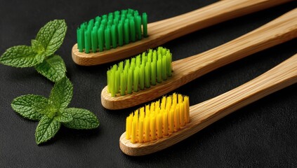 Three Bamboo Toothbrushes with Mint Leaves.