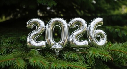 Silver 2026 foil balloons nestled on fresh green pine branches, new year concept