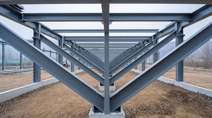 girder. Interior view of a steel frame construction workshop, showcasing structural elements in an industrial environment. safety posters.