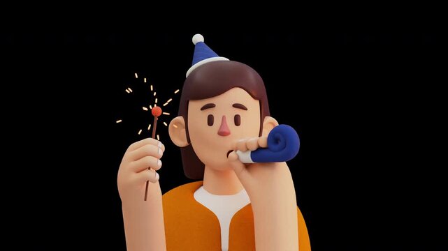 3D Animation Female Character Celebrating New Year  Party Horn & Sparkler - transparent loop