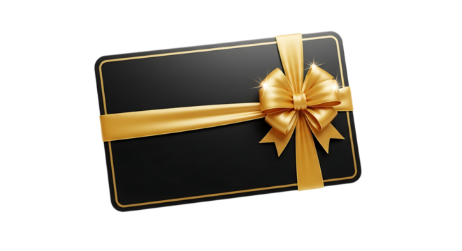Black gift card with gold ribbon isolated on transparent background