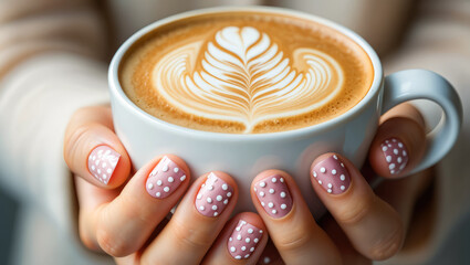 Cup of coffee art held by hands with stylish polka dot manicure in a cozy setting, lifestyle blogging. fashion magazine, beauty blog, nail art tutorial, winter style inspiration, cozy fashion settings