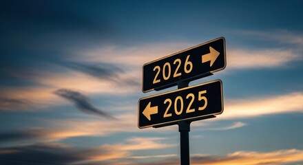 Road signs pointing to 2026 and 2025, symbolizing future direction and choice