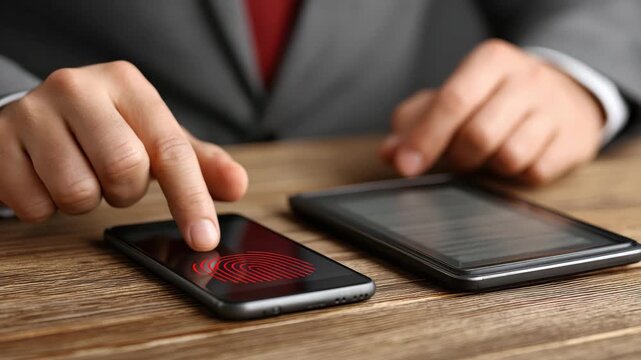 Man in suit authenticating phone with fingerprint scan professional man in business attire performs biometric authentication using smartphone fingerprint reader