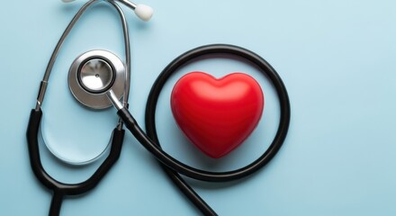 Stethoscope and red heart on light blue background symbolizing medical care