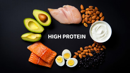 High protein foods arranged on black background for healthy eating promotion and nutritional guides. salmon, chicken breast, avocado, almonds, boiled eggs, black beans, and Greek yogurt, glp-1 food