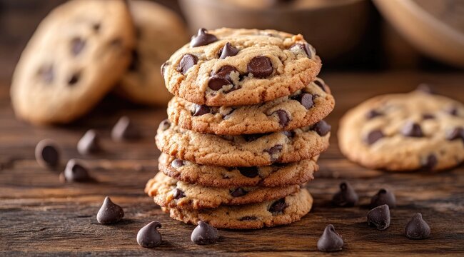 Stacked chocolate chip cookies on a wooden table (3)