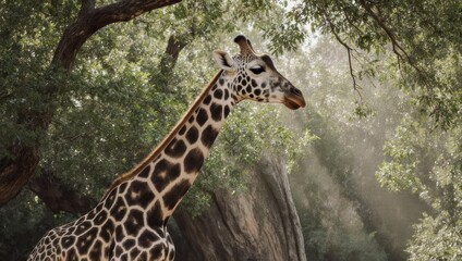 Obraz premium Majestic giraffe gracefully standing amidst lush green foliage in natural habitat.