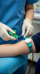 Blood Draw with Green Holder and Tourniquet on Arm in Clinic
