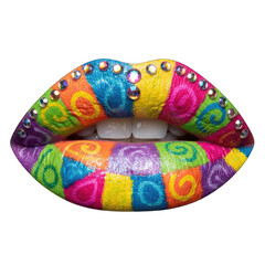 Colorful mosaic lips adorned with glitter and rhinestones in a playful abstract pattern against a black background with sparkling highlights