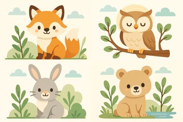 Cute cartoon animals fox, owl, rabbit, and bear in a whimsical illustration