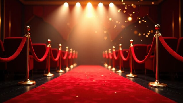 Elegant Red Carpet Event Entrance with Spotlights and Golden Confetti Ambiance
