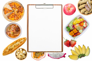 Blank white paper on wooden clipboard with food and fresh fruit isolate on white background, healthy life style and unhealthy food