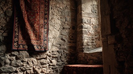 fortress. A medieval castle wall with a traditional woven tapestry. real-estate listings, architecture portfolios, designed for interior renovation comparisons for interiors, showcases craftsmanship.